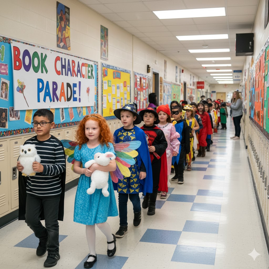 Book Character Parade, students walking in a hallway dressed as their favorite book character