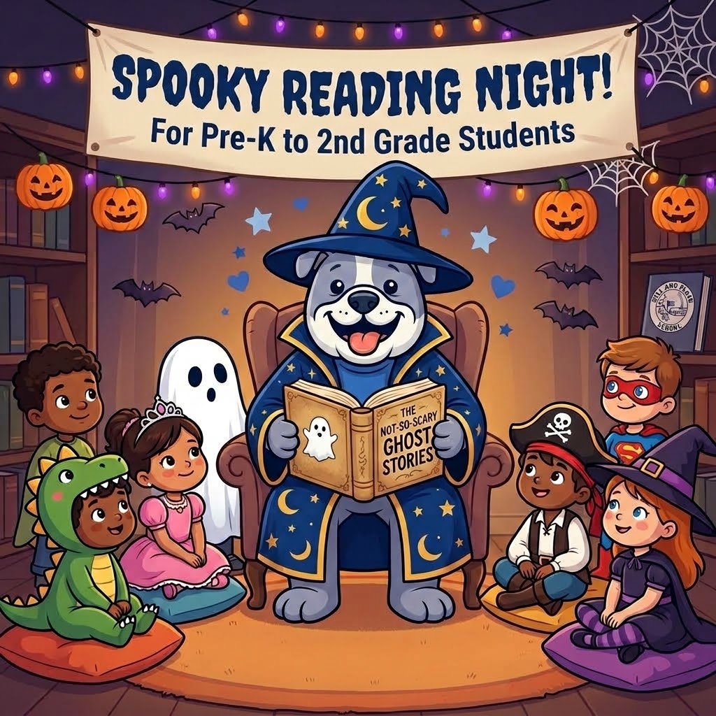 Spooky Reading Night Flyer, Barkley and students listening to a story